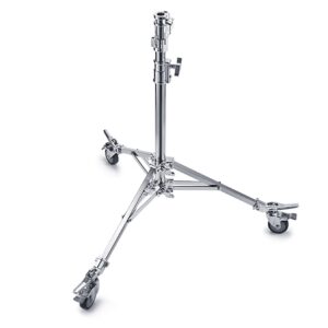1668517756_008 The Godox Roller Stand for Video Light SA5015 is a silver metal tripod stand with three legs and wheels, ideal for mounting lights or cameras in studios or film sets.