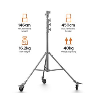 1668519935_702 Godox Heavy-duty Steel Roller Stand SA5045 on esitetty pyörillä, vähimmäiskorkeus 146 cm, enimmäiskorkeus 450 cm, nettopaino 16,2 kg ja painokapasiteetti 40 kg.