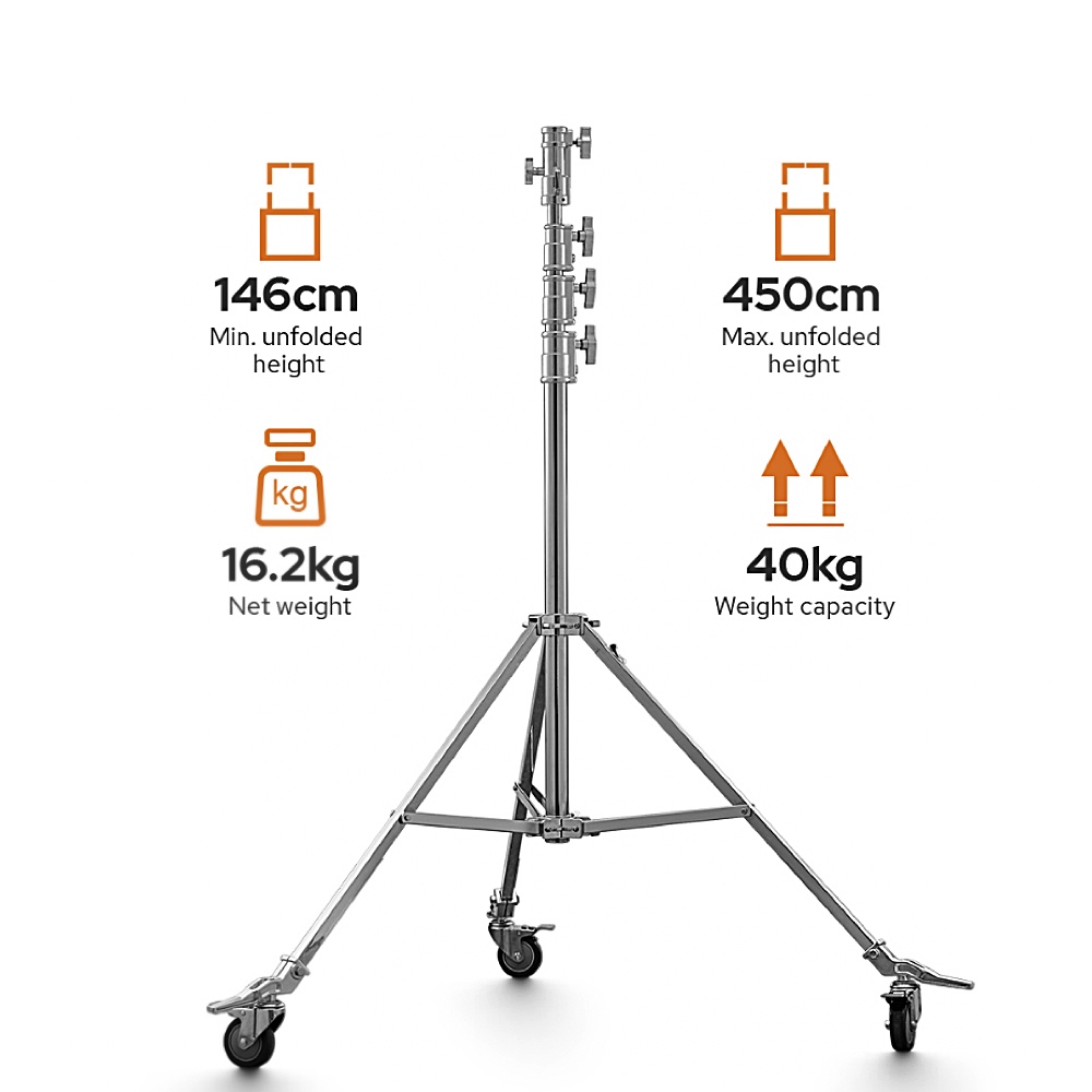 1668519935_702 Godox Heavy-duty Steel Roller Stand SA5045 on esitetty pyörillä, vähimmäiskorkeus 146 cm, enimmäiskorkeus 450 cm, nettopaino 16,2 kg ja painokapasiteetti 40 kg.