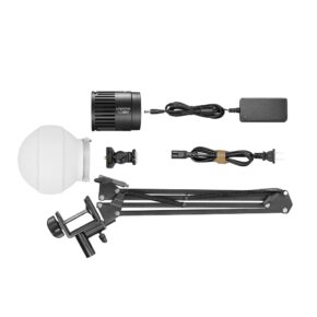 1669888616_522 Godox Litemons LED LC30D Tabletop Video Light Single Light Kit with light head, white diffuser, power supply, power cord, bracket and adjustable metal arm neatly arranged on a white background.