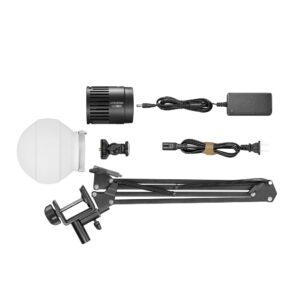 1669888616_522 Godox Litemons LED LC30D Tabletop Video Light Single Light Kit -valaisinsarja, jossa on valopää, valkoinen diffuusori, virtalähde, virtajohto, kiinnike ja säädettävä metallivarsi siististi aseteltuna valkoiselle taustalle.
