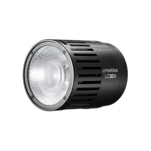 1669888891_183 Mustan sylinterimäinen Godox Litemons LED LC30D -pöytävideovalaisin Single Light Kitistä, jossa on kuvioitu heijastin ja jäähdytysaukot sivussa, näkyy valkoista taustaa vasten.