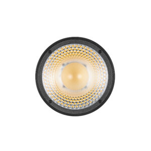 1669888892_267 Godox Litemons LED LC30D Tabletop Video Light Single Light Kitin lähikuvassa näkyy sen pyöreä LED, jossa on hunajakennokuvioinen diffuusori, joka säteilee lämmintä keltaista hehkua valkoista taustaa vasten.