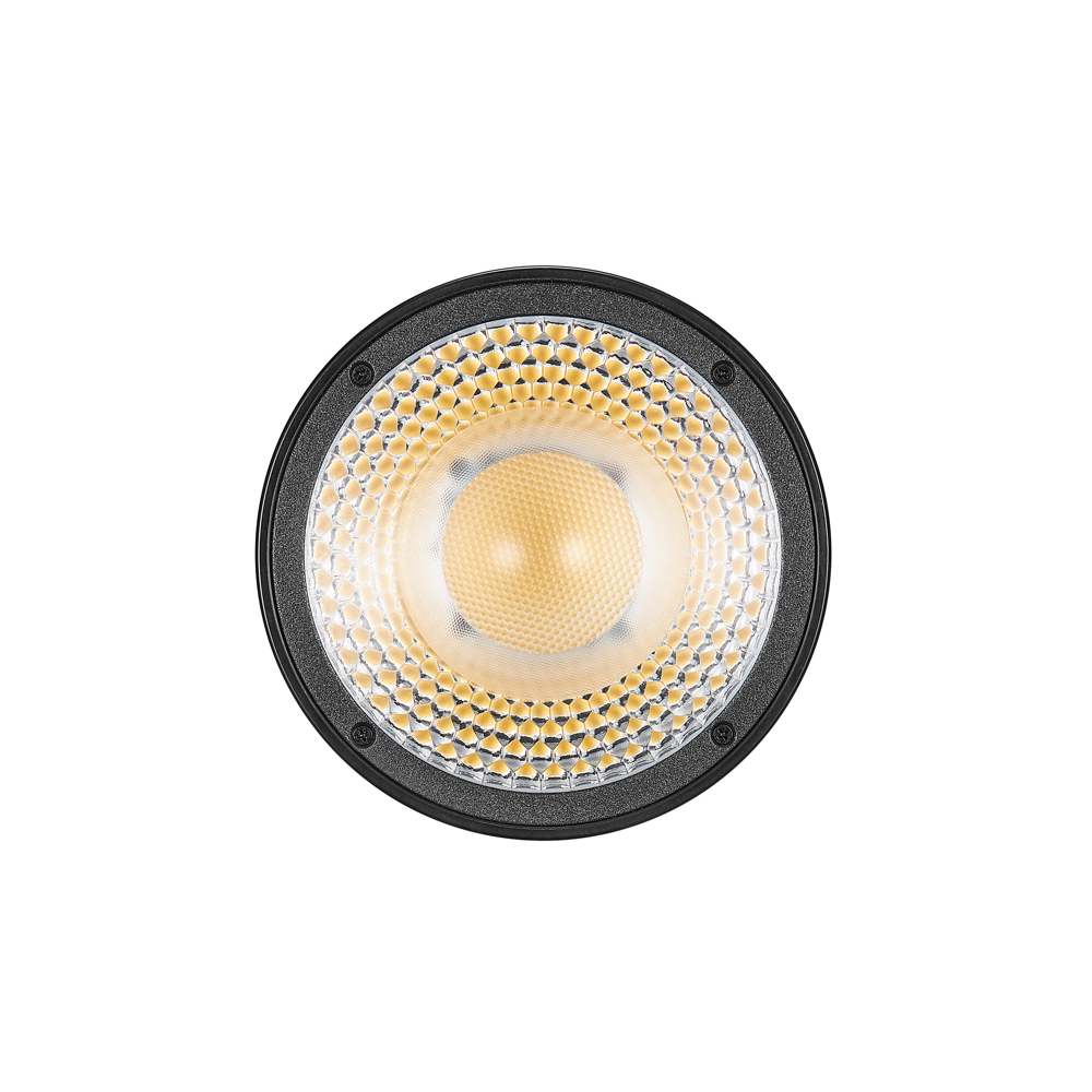 1669888892_267 Godox Litemons LED LC30D Tabletop Video Light Single Light Kitin lähikuvassa näkyy sen pyöreä LED, jossa on hunajakennokuvioinen diffuusori, joka säteilee lämmintä keltaista hehkua valkoista taustaa vasten.
