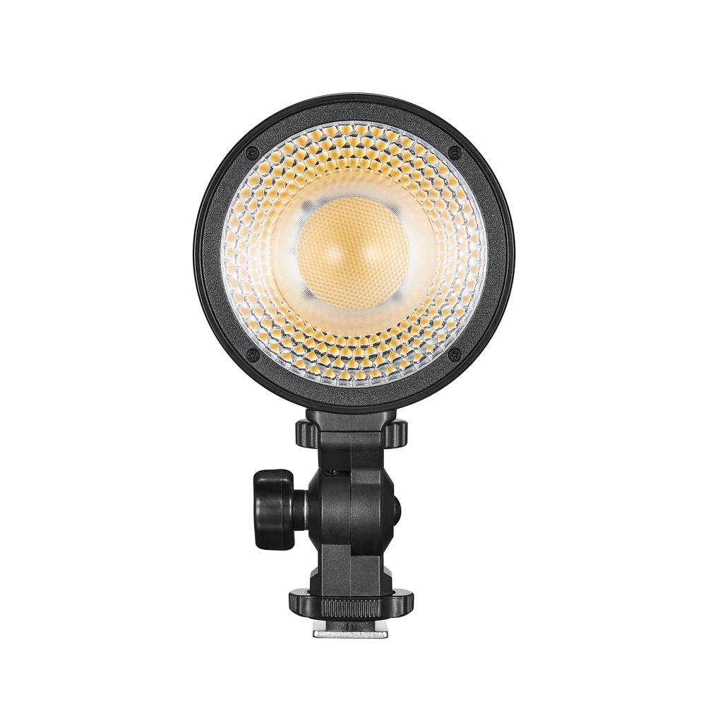1669888892_790 Godox Litemons LED LC30D Tabletop Video Light Single Light Kit -valaisinsarjassa on pyöreä LED, jossa on hunajakennokuvioinen heijastin, säädettävä kannatin, jossa on nuppi, ja jalustassa on hot shoe -sovitin joustavaa kiinnitystä varten.