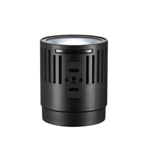 1669899521_082 Godox Litemons LED LC30Bi Tabletop Bi-color Light Single Light Kit on musta sylinterimäinen laite, jossa on pystysuuntaiset tuuletusaukot ja yläosan linssi ja joka muistuttaa modernia projektoria tai älykaiutinta valkoista taustaa vasten.