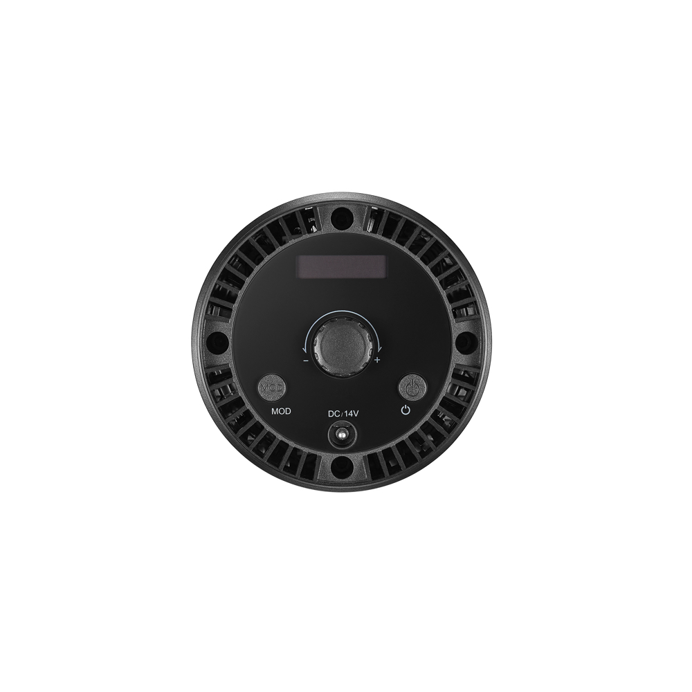1669899579_702 Godox Litemons LED LC30Bi -tuplavalosarjassa on pyöreä musta elektroninen ohjauspaneeli, jossa on keskimmäinen nuppi, sen yläpuolella pieni näyttö ja painikkeet/portit, joissa on merkinnät MOD, DC-14V ja muut symbolit.