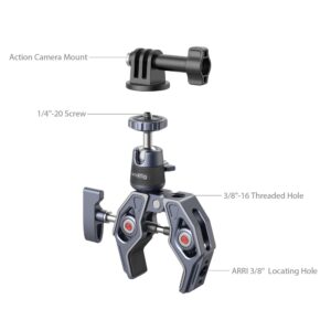 1670337475_403 SmallRig 4102 Super Clamp with 360° Ball Head Mount for Action Cameras -kuulapääkiinnikkeellä varustetun SmallRig 4102 Super Clamp -kuulapääkiinnikkeen merkityssä kaaviossa näkyvät ominaisuudet, kuten toimintakamerakiinnike, 1/4"-20-ruuvi, 3/8"-16-kierteinen reikä ja ARRI 3/8" -paikannusreikä valkoisella pohjalla.