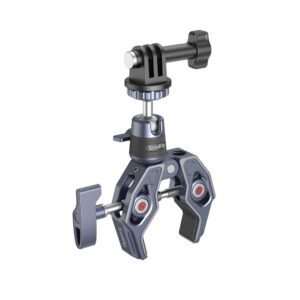 1670337475_695 SmallRig 4102 Super Clamp with 360° Ball Head Mount for Action Cameras -kuulapääkiinnikkeessä on säädettävät ruuvit, kumikahvat ja GoPro-tyylinen sovitin, kuvassa valkoisella pohjalla.