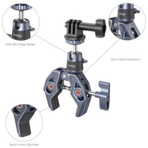 1670337475_862 SmallRig 4102 Super Clamp with 360° Ball Head Mount for Action Cameras -kuulapääkiinnikkeessä on metallinen kiinnike, pyörivä sarana ja sisäänrakennetut liukastumisenestotyynyt, jotka näkyvät lähikuvissa, joissa korostuvat sen liukastumisenestosarano ja turvallinen ote.