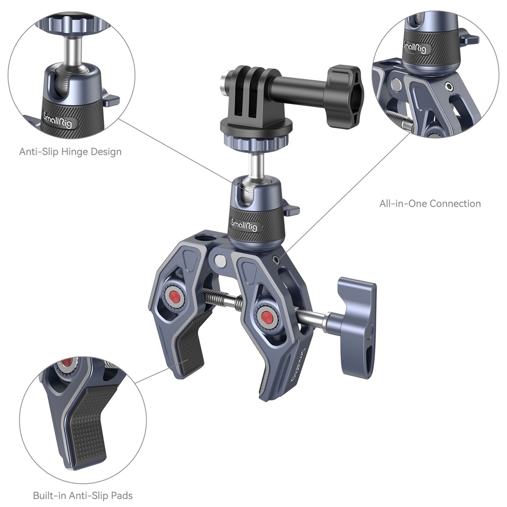1670337475_862 SmallRig 4102 Super Clamp with 360° Ball Head Mount for Action Cameras -kuulapääkiinnikkeessä on metallinen kiinnike, pyörivä sarana ja sisäänrakennetut liukastumisenestotyynyt, jotka näkyvät lähikuvissa, joissa korostuvat sen liukastumisenestosarano ja turvallinen ote.