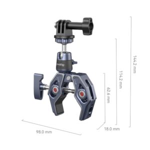 1670337476_135 SmallRig 4102 Super Clamp on metallirakenteinen, siinä on säädettävät leuat, GoPro-tyylinen kiinnike ja 360° kuulapää. Mitat: Mitat: 144,2 mm korkea, 98,0 mm leveä, 18,0 mm syvä, yksi osa on 62,6 mm.