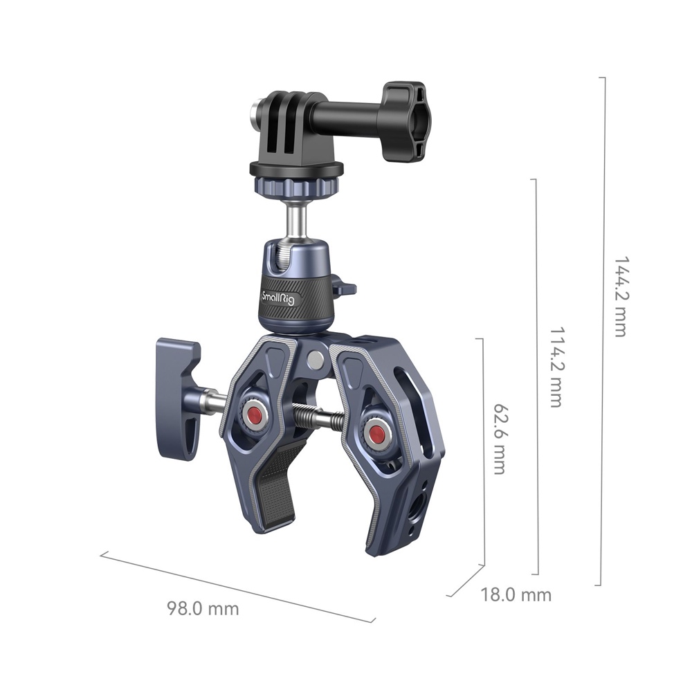 1670337476_135 SmallRig 4102 Super Clamp on metallirakenteinen, siinä on säädettävät leuat, GoPro-tyylinen kiinnike ja 360° kuulapää. Mitat: Mitat: 144,2 mm korkea, 98,0 mm leveä, 18,0 mm syvä, yksi osa on 62,6 mm.