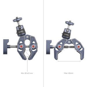 1670337476_554 SmallRig 4102 Super Clamp with 360° Ball Head Mount for Action Cameras on esitetty kahdessa asennossa: vasemmalla suljettuna 14,0 mm:n minimiaukolla ja oikealla auki 65 mm:n maksimiaukolla, ja molemmissa on ylhäältä kiristysnuppi.