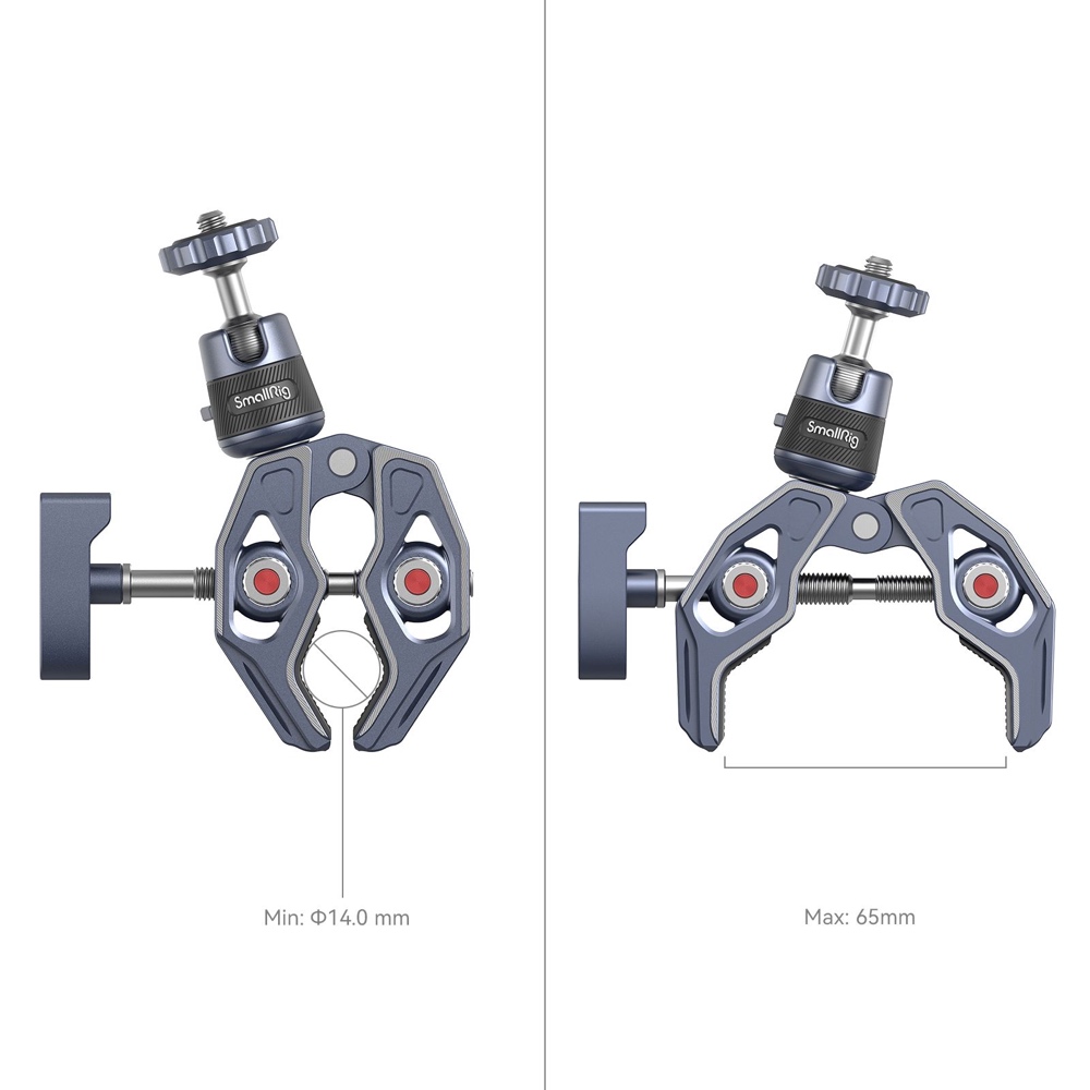 1670337476_554 SmallRig 4102 Super Clamp with 360° Ball Head Mount for Action Cameras on esitetty kahdessa asennossa: vasemmalla suljettuna 14,0 mm:n minimiaukolla ja oikealla auki 65 mm:n maksimiaukolla, ja molemmissa on ylhäältä kiristysnuppi.