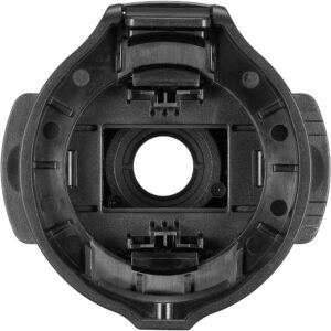 1672220366_426 Lähikuva Godox Projection Attachment for Flashes AK-R21:stä, mustasta muovisovittimesta, jossa on pyöreä keskiaukko ja useita pidikkeitä, ylhäältä katsottuna valkoisella taustalla.