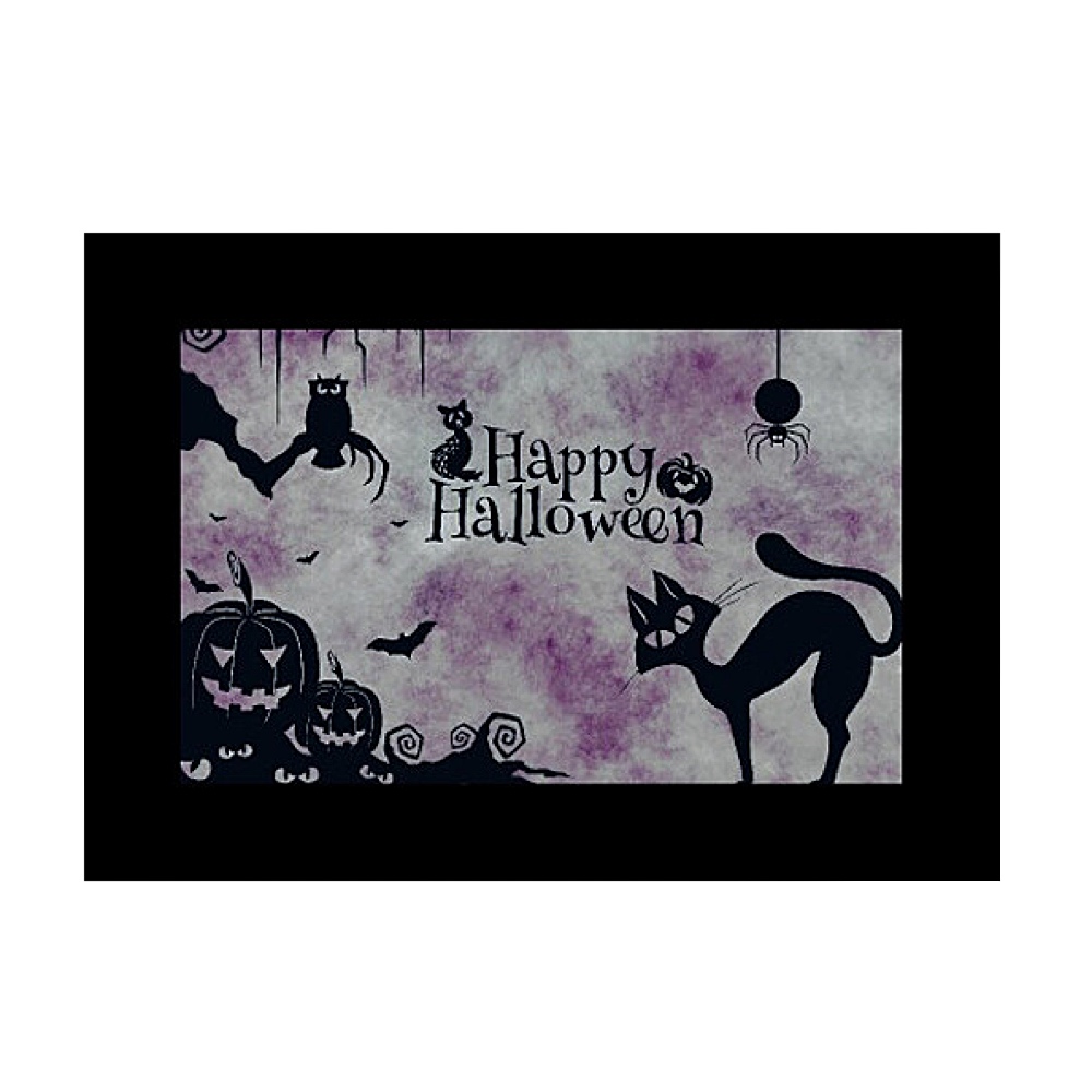 1672223553_293 Godox Slide Filter AK-S02 (10 kpl) on Halloween-aiheinen muotoilu, jossa on Happy Halloween -teksti, musta kissa, lepakoita, jätkälyhtyjä, hämähäkkejä ja violetti pilvinen tausta karmivan juhlavaikutelman aikaansaamiseksi.