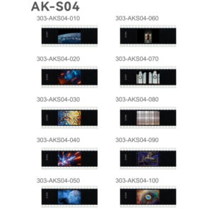 Godox Slide Filter AK-S04 -sarja sisältää 10 yksilöllisesti numeroitua filmidiaa, joissa on erilaisia värikkäitä kuvia, kuten abstraktia taidetta, lasimaalauksia ja kosmisia kohtauksia, jotka on järjestetty kahteen pylvääseen valkoiselle taustalle.