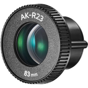 1672321398_588 Close-up of Godox 83 mm lens for AK-R21 projection mount with black textured outer frame, visible glass element with slight green reflection, and 83 mm print on front.