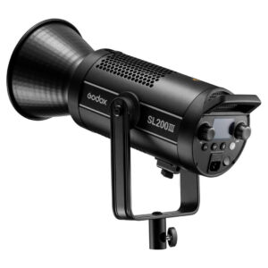 1675234820_535 Black Godox SL200III LED video light - LED light with large reflector, digital display, control buttons and swivelling stand bracket.