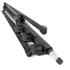 1680701227_926 The Godox 210B is shown folded and features a black metal construction with three control knobs and a silver mounting tip on the front. Its legs are compactly folded.
