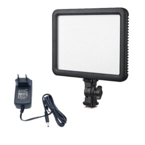 1681300506_355 The Godox Led P120C adapter kit includes a rectangular LED video light panel with black bezel and white front, shown with mounting bracket, power adapter and cable.
