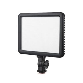 1681300507_162 The Godox Led P120C is a rectangular LED panel with a black bezel mounted on an adjustable bracket for use with cameras or tripods against a white background.