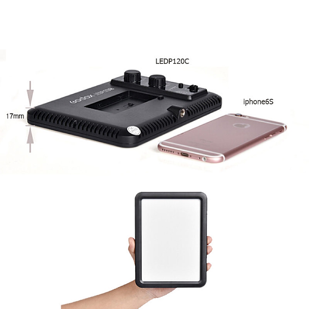 1681300508_852 Godox Led P120C Adapter Kit -valopaneeli, joka on vain 17 mm paksu, on esitetty iPhone 6S:n vieressä kokovertailun vuoksi. Kuvan alaosassa käsi pitää suorakulmaista valopaneelia pystyssä.