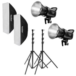 Kaksi mustaa Godox SL60IID Duo Kit LED-valoa heijastimilla, kaksi mustavalkoista softboxia ja kaksi säädettävää mustaa valotelinettä, kaikki valkoista taustaa vasten.