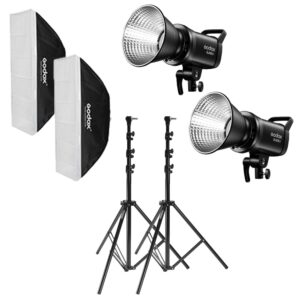 1681461695_846 Kaksi mustaa Godox SL60IID Duo Kit LED-valoa heijastimilla, kaksi mustavalkoista softboxia ja kaksi säädettävää mustaa valotelinettä, kaikki valkoista taustaa vasten.