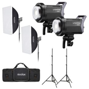 1685525276_214 The Godox Litemons LA150D Daylight Duo Kit with two LED lights, softboxes, stands and a black Godox bag is arranged on a white background to showcase this complete studio light kit.