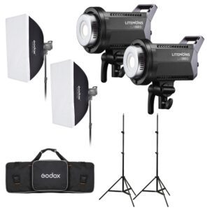 1685525276_214 Godox Litemons LA150D Daylight Duo Kit -LED-valo, jossa on kaksi LED-valoa, softboxit, jalustat ja musta Godox-laukku, on järjestetty valkoiselle taustalle esittelemään tätä täydellistä studiovalosarjaa.