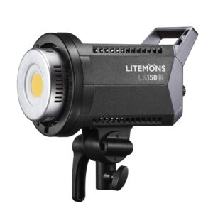 1685525288_899 Godox Litemons LA150D Daylight Duo Kit -LED-valo mustalla, pyöreällä lampulla, tuuletetuilla sivuilla ja tukevalla kiinnityskannattimella varustettu Godox Litemons LA150D Daylight Duo Kit -LED-valo näkyy valkoista taustaa vasten.