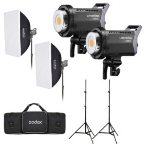1685526575_525 Godox Litemons LA150Bi Bi-color Duo Kit sisältää kaksi LED-valoa, kaksi suorakulmaista softboxia, kaksi valotelinettä ja mustan kantolaukun Godoxin logolla.