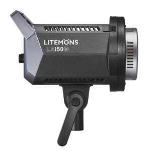 1685526593_798 Mustan Godox Litemons LA150Bi Bi-color Duo Kit -LED-valo -sarjan sivukuva, jossa on tuuletettu lieriömäinen muotoilu, jäähdytyselementti, kiinnityskannatin ja näkyvä säätöpyörä.