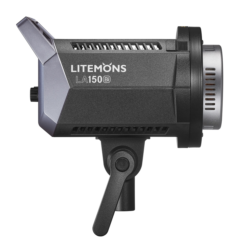 1685526593_798 Mustan Godox Litemons LA150Bi Bi-color Duo Kit -LED-valo -sarjan sivukuva, jossa on tuuletettu lieriömäinen muotoilu, jäähdytyselementti, kiinnityskannatin ja näkyvä säätöpyörä.