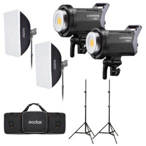 1685527578_440 The Godox Litemons LA200D Daylight Duo Kit includes two softboxes, two Litemons LED lights, two adjustable lamp bases and a black Godox carrying case. Each component is shown separately against a white background.
