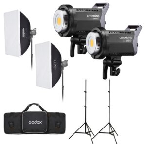 1685527578_440 Godox Litemons LA200D Daylight Duo Kit sisältää kaksi softboxia, kaksi Litemons LED-valoa, kaksi säädettävää valaisinjalustaa ja mustan Godox-kantolaukun. Jokainen komponentti on esitetty erikseen valkoista taustaa vasten.