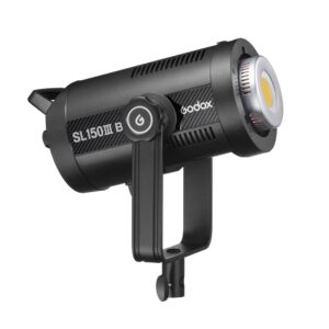 1687514029_239 Godox SL150IIIBI LED-videovalaisin -LED-valo, musta, jossa on sylinterimäinen runko, laukaisupainike, näkyvä LED-lamppu ja säädettävä jalusta, näkyy valkoista taustaa vasten.