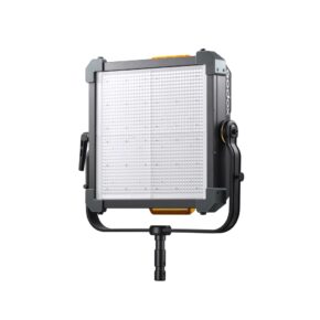 1687530244_528 The Godox KNOWLED P600Bi Hard Panel Light is a square LED panel with a bulb grid, grey sides with orange accents and an adjustable black bracket. The Godox brand name appears on the right edge.