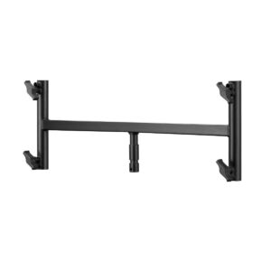 1688394420_281 Godox HJ04 Bracket for Four Light P600Bi Hard on musta säädettävä seinäkiinnike, jossa on neljä kiinnikettä ja vaakapalkki, joka yhdistää kaksi pystysuoraa kappaletta, ja joka on suunniteltu pitämään laitteet, kuten monitorit tai kaiuttimet, tukevasti.