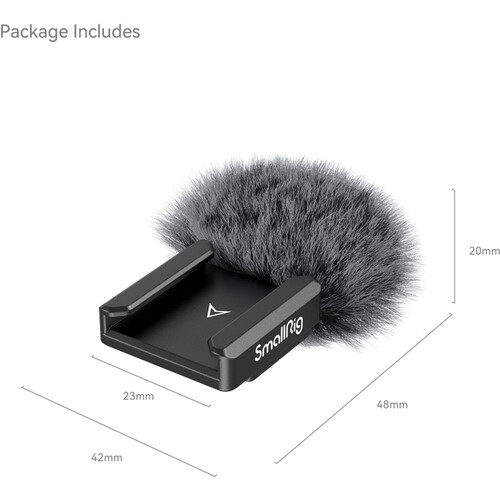 1688651938_990 SmallRig 4245 Furry Windscreen for Panasonic LUMIX S5 II / S5 IIX on esitetty mikrofonin lisävarusteen kanssa, ja sen mitat ovat 48 mm pitkä, 42 mm leveä, 20 mm korkea ja 23 mm sisäleveä. "Pakkaus sisältää" näkyy vasemmassa yläkulmassa.