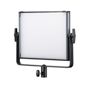 1689156792_532 The Godox KNOWLED LDX50BI Bi-Color panel luminaire features a rectangular design with adjustable side knobs with black shock mount, ideal for photographic or video use. It includes a frosted diffuser and offers a sleek, modern look.