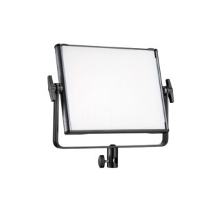 1689156793_974 Godox KNOWLED LDX50BI Bi-Color -paneelivalaisimessa on suorakulmainen LED-paneeli valkoisella diffuusorilla, joka on asennettu mustaan säädettävään jalustaan, jossa on sivunupit helppoa kallistamista ja asentamista varten.