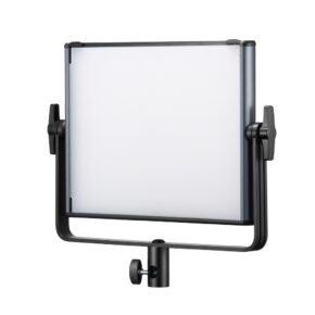 1689239489_615 The Godox KNOWLED LDX50R Panel Luminaire RGBWW is a rectangular LED panel with a frosted white diffuser mounted on a black adjustable U-shaped bracket with tilt knobs and base mount.