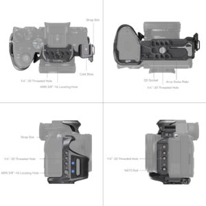 1689775258_686 SmallRig 4308 "Rhinoceros" Cage Kit for Sony A7R V/A7 IV/A7S III on kuvattu neljästä kulmasta, ja tarroissa on merkitty hihna-aukot, kylmäkenkä, kierre- ja paikoitusreiät, Arca-Swiss-levy, QD-liitin ja NATO-kisko.