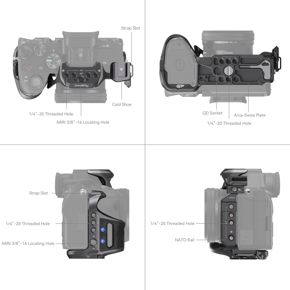 1689775258_686 SmallRig 4308 "Rhinoceros" Cage Kit for Sony A7R V/A7 IV/A7S III on kuvattu neljästä kulmasta, ja tarroissa on merkitty hihna-aukot, kylmäkenkä, kierre- ja paikoitusreiät, Arca-Swiss-levy, QD-liitin ja NATO-kisko.