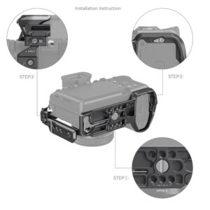 1689775258_965 Kaavio, jossa näkyy SmallRig 4308 Cage Kit "Rhinoceros" Sony A7R V / A7 IV / A7S III:lle, kolme zoomattavaa vaihetta: kohdista häkki kameraan, kiinnitä sivuruuvi ja kiristä yläruuvi kiinnitystä varten.