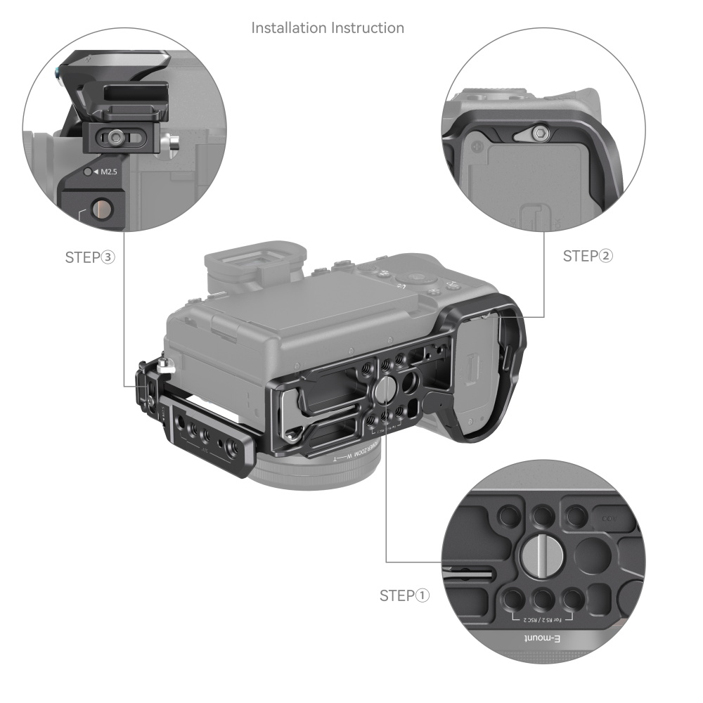 1689775258_965 Kaavio, jossa näkyy SmallRig 4308 Cage Kit "Rhinoceros" Sony A7R V / A7 IV / A7S III:lle, kolme zoomattavaa vaihetta: kohdista häkki kameraan, kiinnitä sivuruuvi ja kiristä yläruuvi kiinnitystä varten.