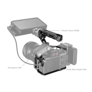 1689777458_319 SmallRig 4198 Cage Kit for Sony Alpha 7 III / Alpha 7R III sisältää monitorin ylhäällä, mikrofonin vasemmalla ja virtalähteen pidikkeen oikealla, joista jokainen on merkitty mallinumerolla.